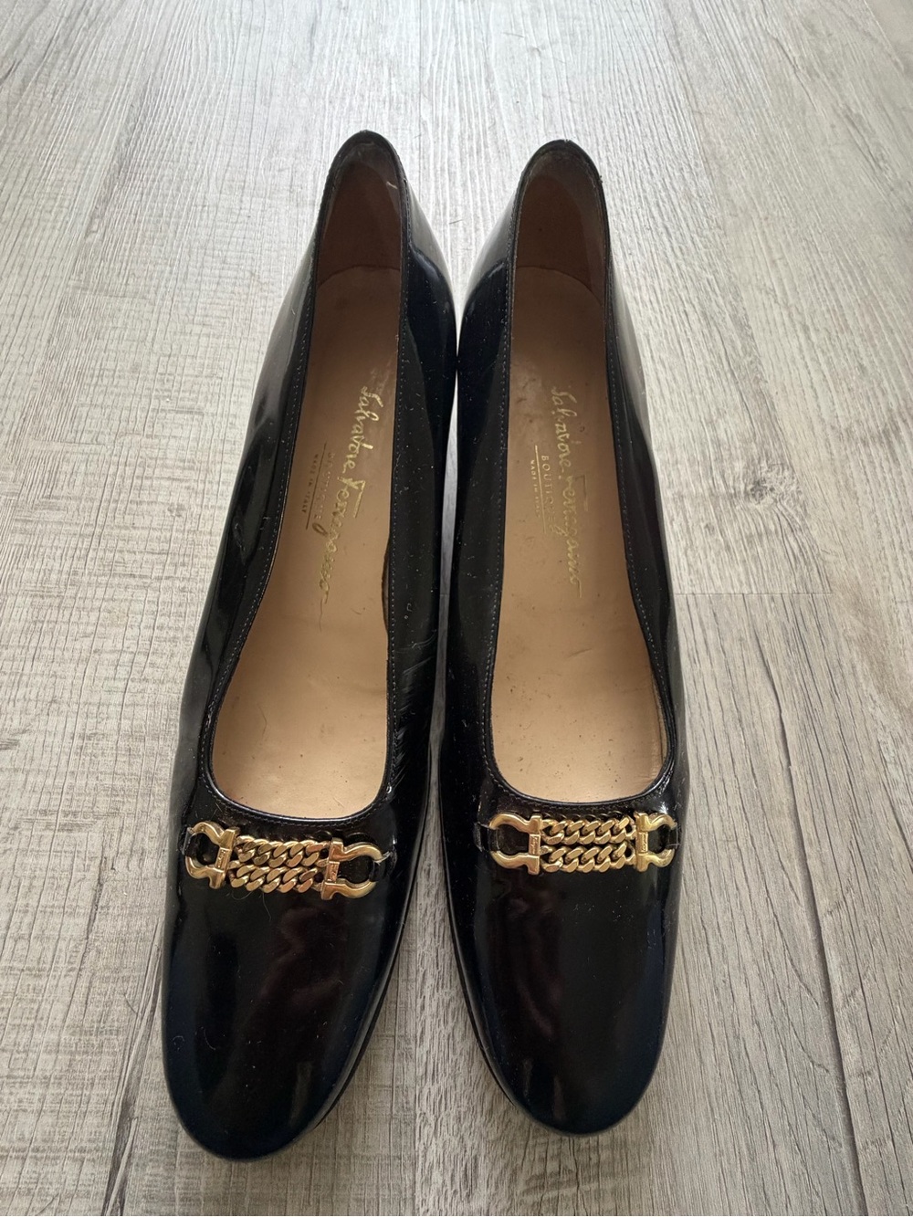 Salvatore Ferragamo Black Patent Leather Chain Detail low heel pumps